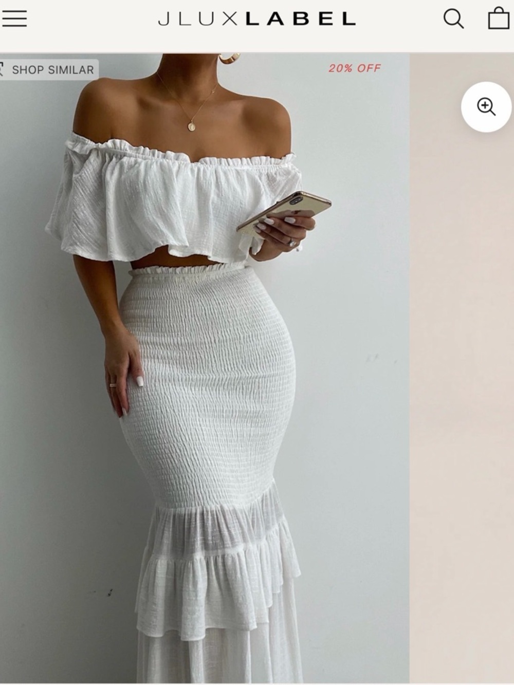 JLUXLABEL White Smocked Mermaid Maxi Skirt with Ruffle Hem